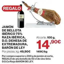 Hipercor Barón de Ley jamón de bellota ibérico 75% raza ibérica, d.o. dehesa de extremadura oferta