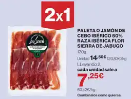 Hipercor Jabugo paleta o jamón de cebó ibérico 50% raza ibérica flor sierra de jabugo oferta