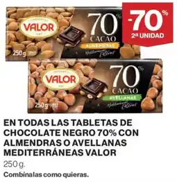 Hipercor Valor chocolate negro 70% con almendras o avellanas mediterráneas oferta