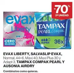 Hipercor Evax liberty, salvasilp evax, normal, 44+6, maxi 40, maxi plus 30 y adapt 3, tampax compak pearl y ausonia airdry oferta