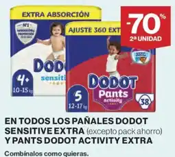 Hipercor Dodot en todos los panales sensitive extra y pants activity extra oferta