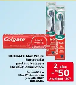 Carrefour Express Colgate max white hortzetako pastan, ikatzean eta 360° eskuiletan. oferta