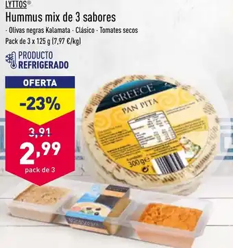 ALDI Lyttos Hummus mix de 3 sabores 3 x 125g oferta