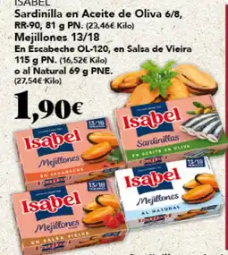 Gadis Isabel sardinilla en aceite de oliva 6/8, mejillones 13/18 en escabeche ol-120, en salsa de vieira o al natural oferta