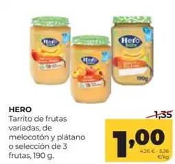 Alimerka Hero tarrito de frutas variadas, de melocotón y plátano o selección de 3 frutas oferta