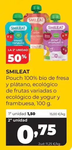 Alimerka Smileat pouch 100% bio de fresa y plátano, ecológico de frutas variadas o ecológico de yogur y frambuesa oferta