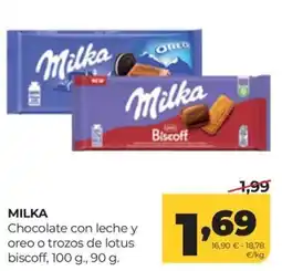 Alimerka Milka chocolate con leche y oreo o trozos de lotus biscoff oferta