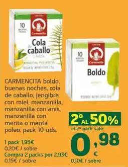 HiperDino Carmencita boldo, buenas noches, cola de caballo, jengibre con miel, manzanilla, manzanilla con anís, manzanilla con menta o oferta