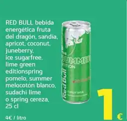 HiperDino Red Bull bebida energética fruta del dragón, sandía, apricot, coconut, juneberry, ice sugarfree, lime green editionspring pom oferta