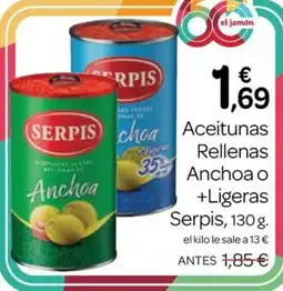 Supermercados El Jamón Serpis aceitunas rellenas anchoa o +ligeras oferta