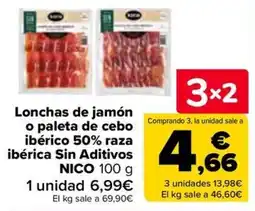 Carrefour Nico lonchas de jamón o paleta de cebo ibérico 50% raza ibérica sin aditivos oferta