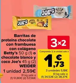 Carrefour Betty's barritas de proteína chocolate con frambuesa con colágeno y Joe's barritas de proteína chocolate blanco y coco oferta