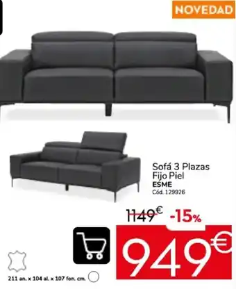 ESME Sofá 3 Plazas Fijo Piel