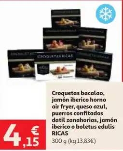 Alcampo Ricas croquetas bacalao, jamón ibérico horno air fryer, queso azul, puerros confitados datil zanahorias, jamón ibérico o bole oferta