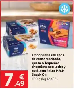 Alcampo P.A.N empanadas rellenas de carne mechada, queso o tequeños chocolate con leche y avellana oferta