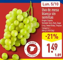 ALDI Uva de mesa blanca sin semillas oferta