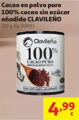 Alcampo Clavileño cacao en polvo puro 100% cacao sin azúcar añadido oferta