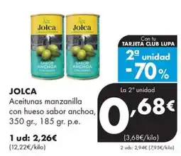 Supermercados Lupa Jolca aceitunas manzanilla con hueso sabor anchoa oferta
