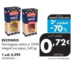 Supermercados Lupa Recondo pan hogaza rustica o 100% integral con pipas oferta