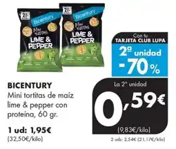 Supermercados Lupa Bicentury mini tortitas de maíz lime & pepper con proteína oferta