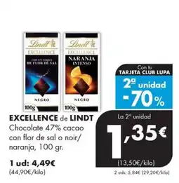 Supermercados Lupa Lindt excellence chocolate 47% cacao con flor de sal o noir/ naranja oferta