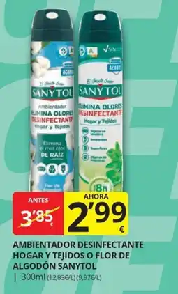 Supermercados MAS Sanytol ambientador desinfectante hogar y tejidos o flor de algodón oferta