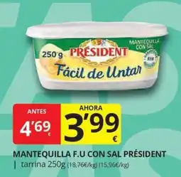 Supermercados MAS Mantequilla F.U con sal President oferta