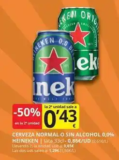 Supermercados MAS Heineken - cerveza normal o sin alcohol 0,0% oferta