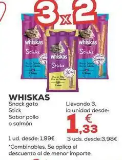 Kiwoko Whiskas - snack gato stick sabor pollo o salmon oferta