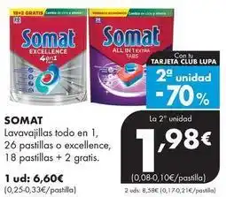 Supermercados Lupa Somat - lavavajillas todo en 1, 26 pastillas o excellence, 18 pastillas + 2 gratis oferta