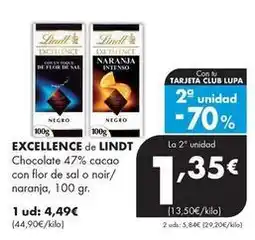 Supermercados Lupa Lindt - excellence de chocolate 47% cacao con flor de sal o noir/naranja oferta
