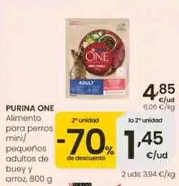 Eroski purina one alimento para perros mini/pequeños adultos de buey y arroz oferta
