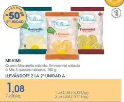 Supermercados Plaza Milkimi - queso morarella rallado, emmental rallado o mix 3 quesos rallados oferta