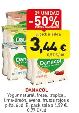 Hiperber Danacol yogur natural, fresa, tropical, lima-limón, avena, frutos rojos o piña oferta