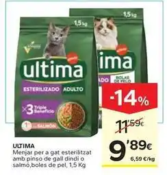 Caprabo Última - menjar per a gat esterilitzat amb pinso de gall dindi o salmo boles de pel oferta