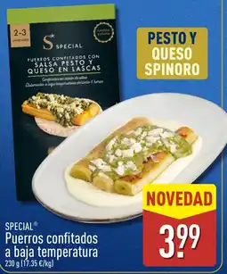 ALDI Special puerros confitados con salsa pesto y queso en lascas oferta