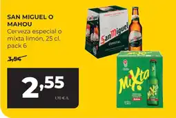 Alimerka San Miguel o Mahou cerveza especial o mixta limón oferta