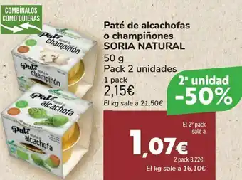 Carrefour Paté de alcachofas o champiñones soria natural oferta