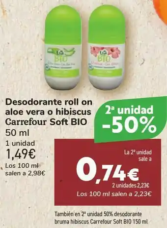 Carrefour Desodorante roll on aloe vera o hibiscus carrefour soft bio oferta