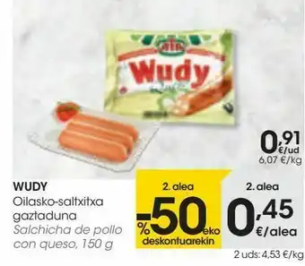 Eroski Wudy salchicha de pollo con queso oferta