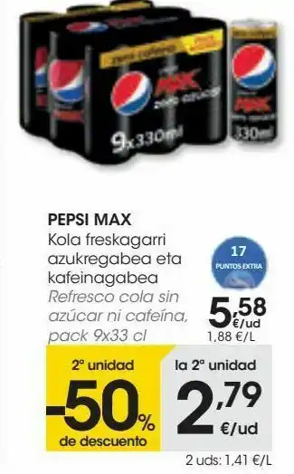 Eroski Pepsi max refresco cola sin azúcar ni cafeína oferta