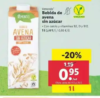 Lidl Vemondo Bebida De Avena Sin Azúcar oferta