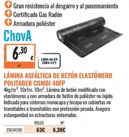 Obramat Chova lámina asfáltica de betún elastómero politaber combi 40fp oferta