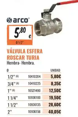Obramat arco válvula esfera roscar turia hembra-hembra oferta