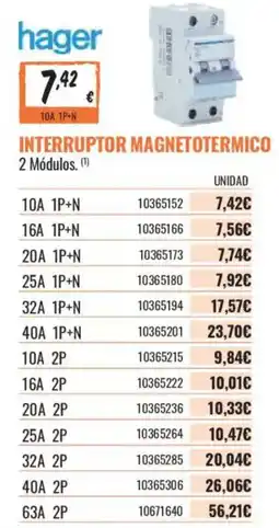 Obramat hager interruptor magnetotermico oferta