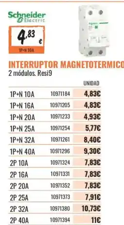 Obramat Schneider Electric interruptor magnetotermico 2 modulos Resi9 oferta