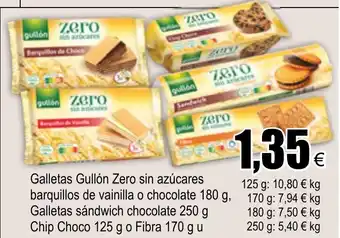 FROIZ Galletas Gullón Zero sin azúcares barquillos de vainilla o chocolate 180g/Galletas sandwich chocolate 250g/Chip Choco 125g oferta
