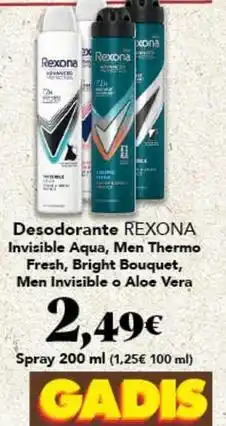 Gadis Rexona - desodorante invisible aqua, men thermo fresh, bright bouquet, men invisible o aloe vera oferta