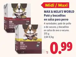 Lidl Max & Mila's World paté y bocaditos en salsa para perro oferta