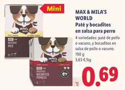 Lidl Max & Mila's World paté y bocaditos en salsa para perro oferta